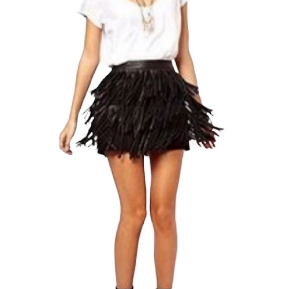 Zara Black Leather Fringe Skirt Size L - Picture 2 of 16